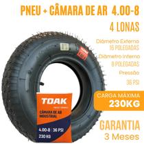 1 Pneu e 1 Câmara de Ar TOAK 4.80 4.00.8, Aro 8, fabricado em 4 lonas, ideal para carrinho de carga de Armazém e Industrial 1 Pneu e 1 Câmara de Ar TOAK 4.80 4.00.8, Aro 8, fabricado em 4 lonas, ideal para carrinho de carga de Armazém e Industrial