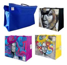 1 Sacola Lona Feira 34x48x21cm + 3 Sacolas Ráfia 35x40x18cm