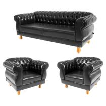1 Sofá 2M dois assentos com 2 Poltronas Chesterfield Elisabeth Corano Preto Escritório Sala Barbearia 1 Sofá 2M dois assentos com 2 Poltronas Chesterfield Elisabeth Corano Preto Escritório Sala Barbearia