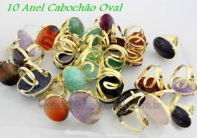 10 Anéis Cabochão Oval com Pedras Mistas - Banho Flash Dourado - Aro Ajustável - Pacote Atacado 10 Anéis Cabochão Oval com Pedras Mistas - Banho Flash Dourado - Aro Ajustável - Pacote Atacado