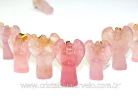 10 Anjos Pingentes de Pedra Quartzo Rosa com Pino Dourado - AP3675