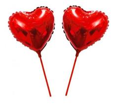 10 Balão Metalizado Coração Vermelho Centro Mesa + Varetas