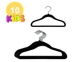 10 Cabides De Veludo Antideslizante Fino Slim Infantil Preto, Gancho Giratório