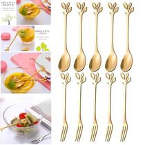 10 Colheres de sobremesa de aço inoxidável dourado folhagem 10 garfos de frutas colher de chá de chá de luxo conjunto ta