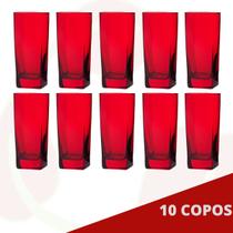 10 Copos Quadrado Vidro Vermelho Bali Mesa Posta Suco 320ml