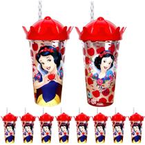 10 Copos Shake com canudo e Coroa Infantil Branca de Neve Sacola Surpresa Aniversário