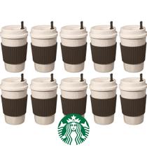 10 Copos Starbucks Fibra Bambu Tampa 450ml Reutilizável Ecológico Bambu