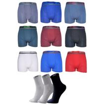 10 Cuecas Boxer Masculina Microfibra Laycra + 12 Pares Meia Grossa Cano Longo Alto Algodão
