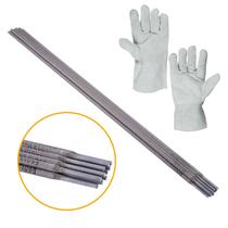 10 Eletrodo E6013 2,50 mm + Par de Luva Vaqueta Para Inversora Solda MMA Multiuso Aço Metal Metalon