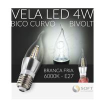 10 Lâmpadas Vela LED C/Bico Curvo 4w Bivolt E27 - Luz Branca Fria/6000K - Lustres/Arandelas