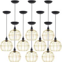 10 Pendentes Aramado Globo Luminária Lustre Teto Retrô Vintage Industrial Balcão Dourado