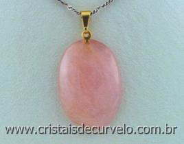 10 Pingentes Cabochão de Quartzo Rosa com Pino Dourado - Atacado