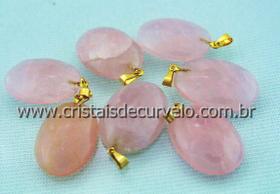 10 Pingentes Cabochão de Quartzo Rosa Natural com Pino Dourado - Atacado