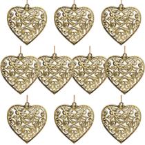 10 Pingentes Coração de Natal Dourado Filigrana 7,5cm