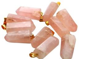 10 Pingentes de Quartzo Rosa com Pino e Presilha Dourado para Atacado