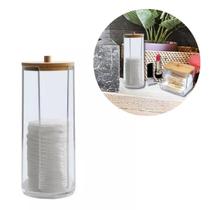 10 Porta Algodão Acrilico com Tampa em Bambu Disco Redondo