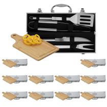 10 Unidades - Kit Churrasco Maleta Inox 4 Peças e Tábua