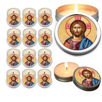 10 Velas Aromaticas Lembrancinhas Jesus Salvador na Latinha Decoração Casa Capelinha Cantinho de oração Catolica 3 Horas
