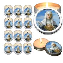10 Velas Aromaticas Lembrancinhas Santa Catarina de Sena na Latinha Decoração Casa Capelinha Cantinho de oração Catolic