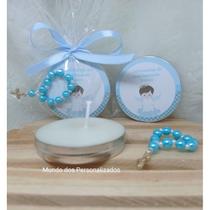 10 velas na latinhas com tercinho azul lembrança de batizado anjinho