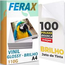 100 Adesivos Vinil Branco Brilho P/ Impressora Jato Tinta A4 - Pode Usar Resina - FERAX