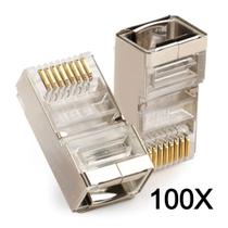 100 Conector RJ45 Cat5e Blindado Macho Plug Rede Gigabit Lan