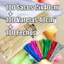 100 kits saco 15x40cm vareta 40cm bambu 100 fecho metalizado 100 kits saco 15x40cm vareta 40cm bambu 100 fecho metalizado