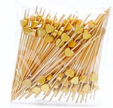 100 Palitos para Coquetel de Bambu 12 cm Corações Dourados
