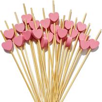 100 palitos para coquetel de bambu com coração rosa 12 cm, 100 unidades