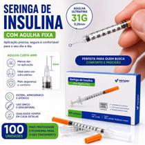 100 Unidades de Seringa de Insulina 1ml U100 31G com Agulha Fixa 0,25x6mm