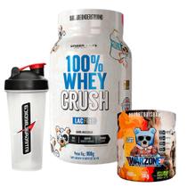 100% Whey Crush 900g - Sem Lactose + Warzone com Pump Matrix - Pré Treino - 300g + Coqueteleira