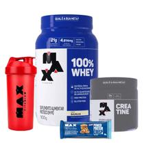 100% Whey Protein - 900g + Creatina - 300g - Max Titanium + Coqueteleira - Vermelha + Barrinha