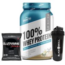 100% Whey Protein - 900g - Shark Pro + Glutamina Turbo - Refil - 500g + Coqueteleira - Black Skull