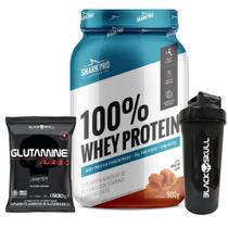 100% Whey Protein - 900g - Shark Pro + Glutamina Turbo - Refil - 500g + Coqueteleira - Black Skull