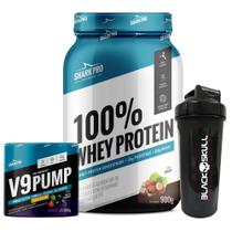 100% Whey Protein - 900g + V9-Pump Pre Workout - Pré Treino - 300G - Shark Pro + Coq. Black