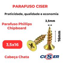 1000 Parafuso Para Madeira Philips Cabeça Chata Chipboard 3,5x16 - Caixa - Ciser