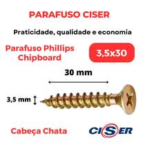 1000 Parafuso Para Madeira Philips Cabeça Chata Chipboard 3,5x30 - Caixa - Ciser