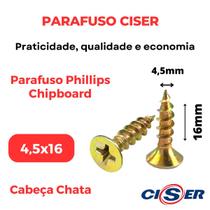 1000 Parafuso Para Madeira Philips Cabeça Chata Chipboard 4,5x16 - Caixa - Ciser