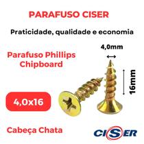 1000 Parafuso Para Madeira Philips Cabeça Chata Chipboard 4x16 - Caixa - Ciser