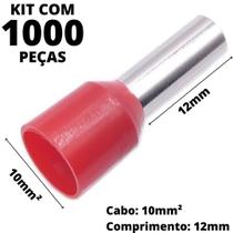 1000un Terminal Tubular Ilhós Pré-isolado Simples Para Cabo de 10mm² Metal 12mm Vermelho E10-12