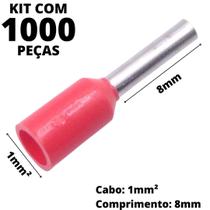 1000un Terminal Tubular Ilhós Pré-isolado Simples Para Cabo de 1,0mm² Metal 8mm Vermelho E1008