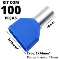 100un Terminal Tubular Ilhós Pré-isolado Duplo Para Cabo de 16mm² Metal 14mm Azul TE1614