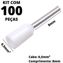 100un Terminal Tubular Ilhós Pré-isolado Simples Para Cabo de 0,50mm² Metal 8mm Branco E0508