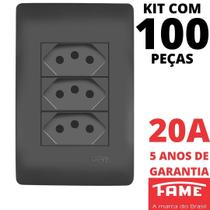 100un Tomada Padrão Tripla 2P+T 20A Com Placa Habitat Black FAME