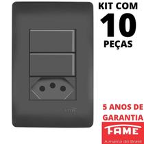 10un Interruptor Paralelo Three Way 10A 2 Teclas e Tomada Padrão 2P+T 20A Com Placa 4x2 Habitat Black FAME