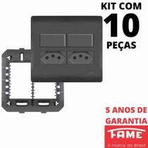 10un Interruptor Simples 10A 2 Teclas e Tomada Padrão Dupla 2P+T 10A Com Placa 4X4 Habitat Black FAME