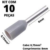 10un Terminal Tubular Ilhós Pré-isolado Simples Para Cabo de 0,75mm² Metal 8mm Cinza E7508