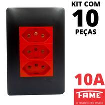 10un Tomada Padrão Tripla 2P+T 10A Vermelha Com Placa Habitat Black FAME