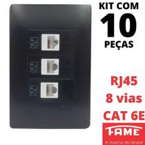 10un Tomada Rede RJ45 CAT 6E 8 Vias Tripla Com Placa Habitat Black FAME