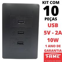 10un Tomada Tripla USB Bivolt 15W 5V 3A Com Placa Habitat Black FAME